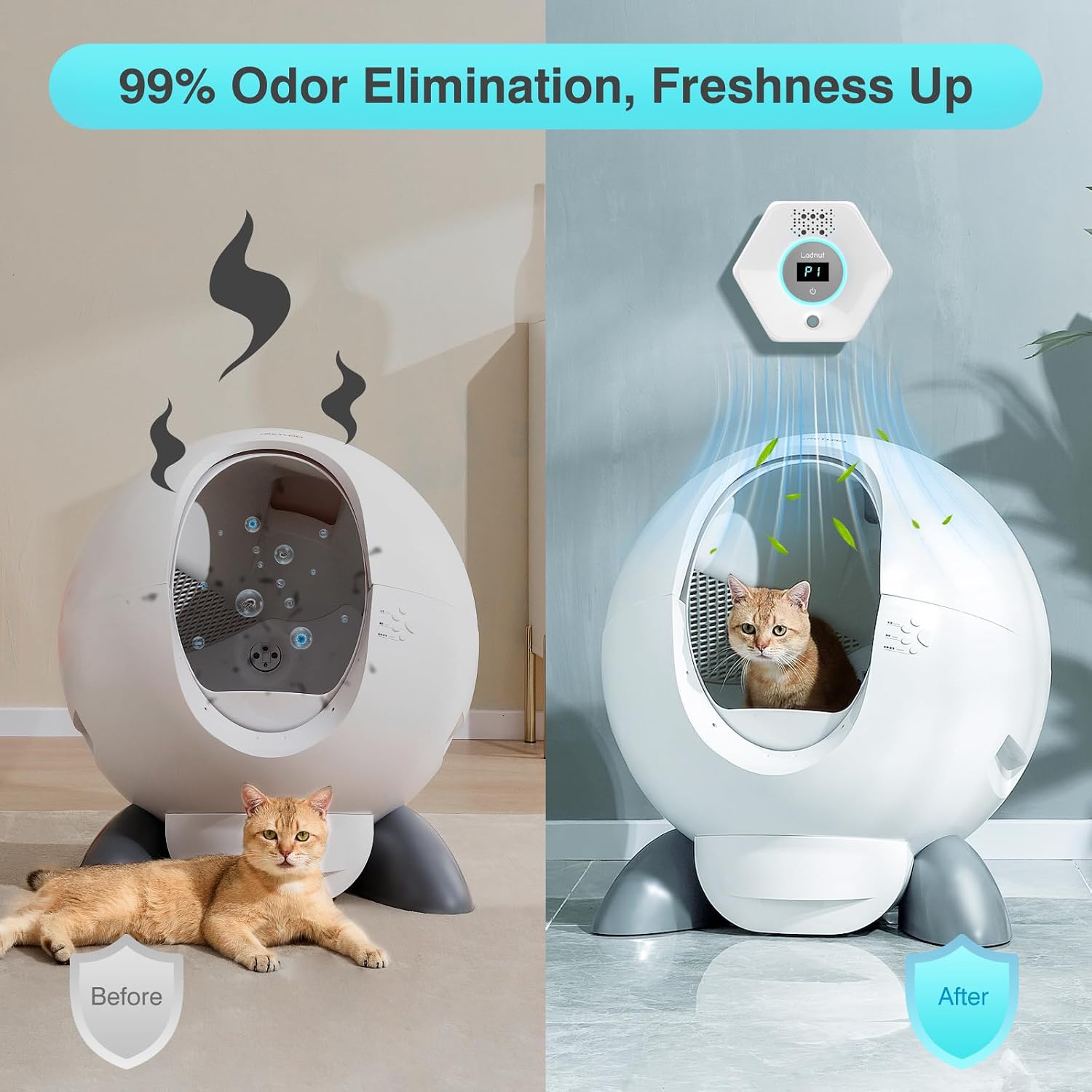 Cat Litter Odor Deodorizer - Ozone & Negative Ion Cat Odor Eliminator with Sensor Monitor, Safe Air Purifier for Pets,Odor Remover for Multi-Purpose Use - Image 6